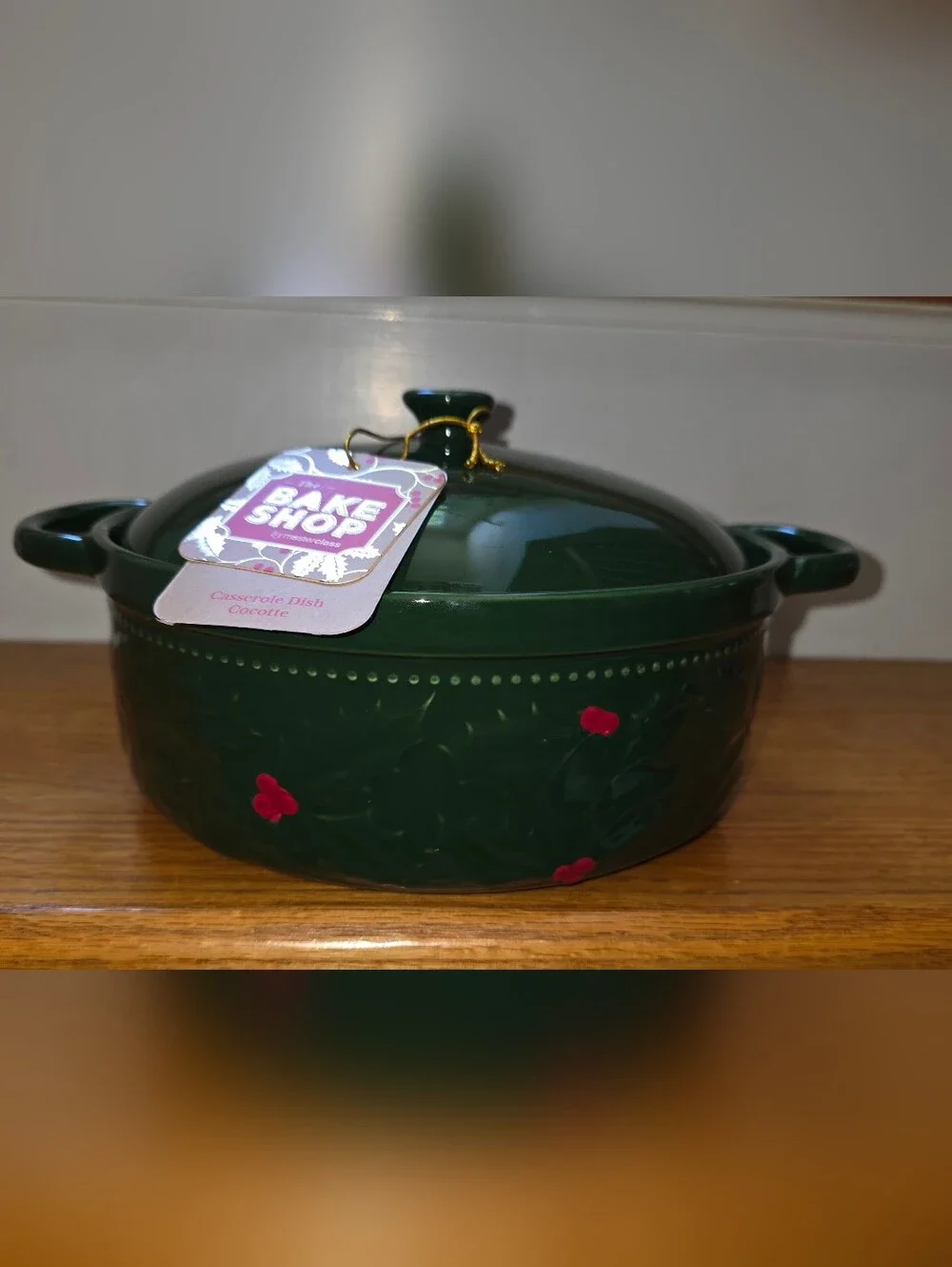 Green Holiday Ceramic Covered Casserole with Holly Accent